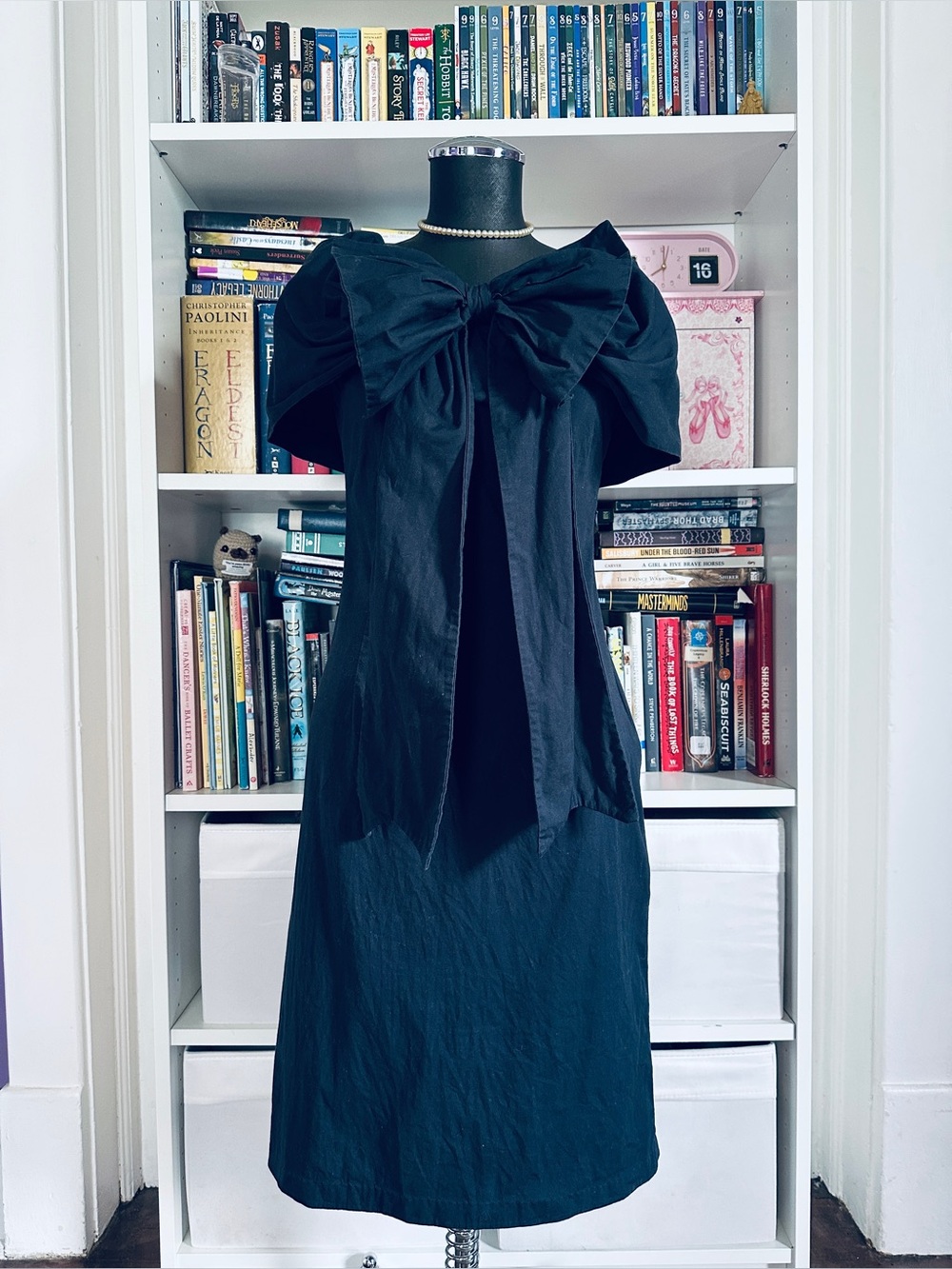 Shabby Apple Black Midi Dress with Oversized Bow
